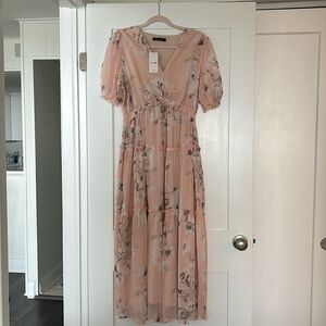 Amegoya Short Sleeve V Neck Floral Maxi Dresses Boho Flowy Ruffle Long Dress